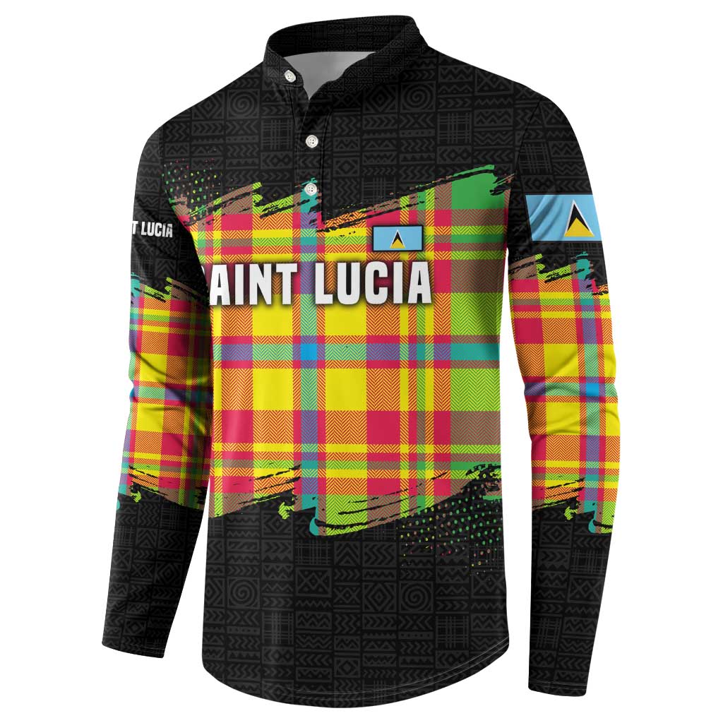 Saint Lucia Parrot Button Sweatshirt with Madras Pattern and Cultural Black Motif Design - Wonder Print Shop