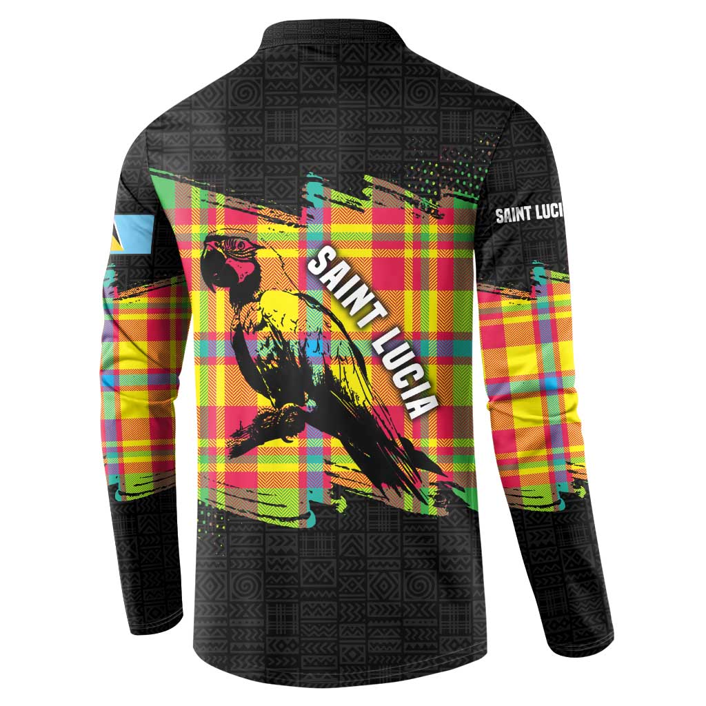 Saint Lucia Parrot Button Sweatshirt with Madras Pattern and Cultural Black Motif Design - Wonder Print Shop