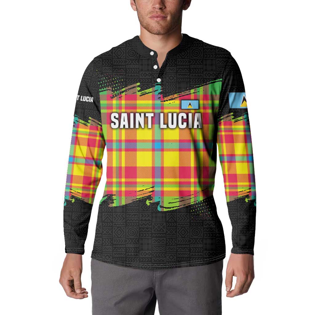 Saint Lucia Parrot Button Sweatshirt with Madras Pattern and Cultural Black Motif Design - Wonder Print Shop