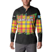 Saint Lucia Parrot Button Sweatshirt with Madras Pattern and Cultural Black Motif Design - Wonder Print Shop