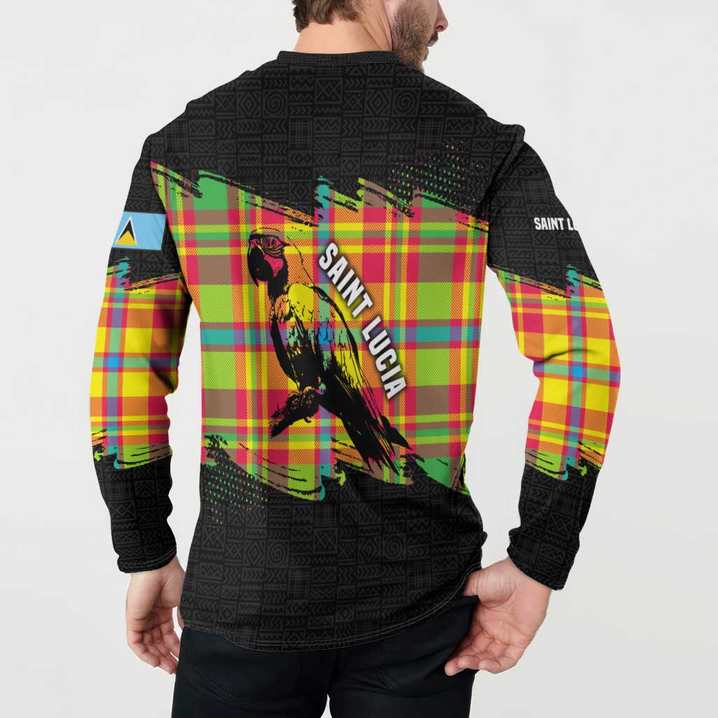 Saint Lucia Parrot Button Sweatshirt with Madras Pattern and Cultural Black Motif Design - Wonder Print Shop