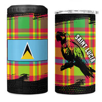 Saint Lucia Parrot 4 in 1 Can Cooler Tumbler with Madras Pattern and Cultural Black Motif Design - Wonder Print Shop
