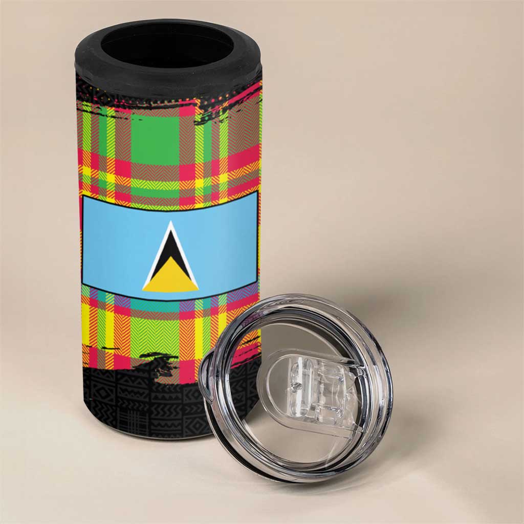 Saint Lucia Parrot 4 in 1 Can Cooler Tumbler with Madras Pattern and Cultural Black Motif Design - Wonder Print Shop