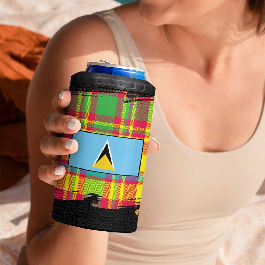 Saint Lucia Parrot 4 in 1 Can Cooler Tumbler with Madras Pattern and Cultural Black Motif Design - Wonder Print Shop