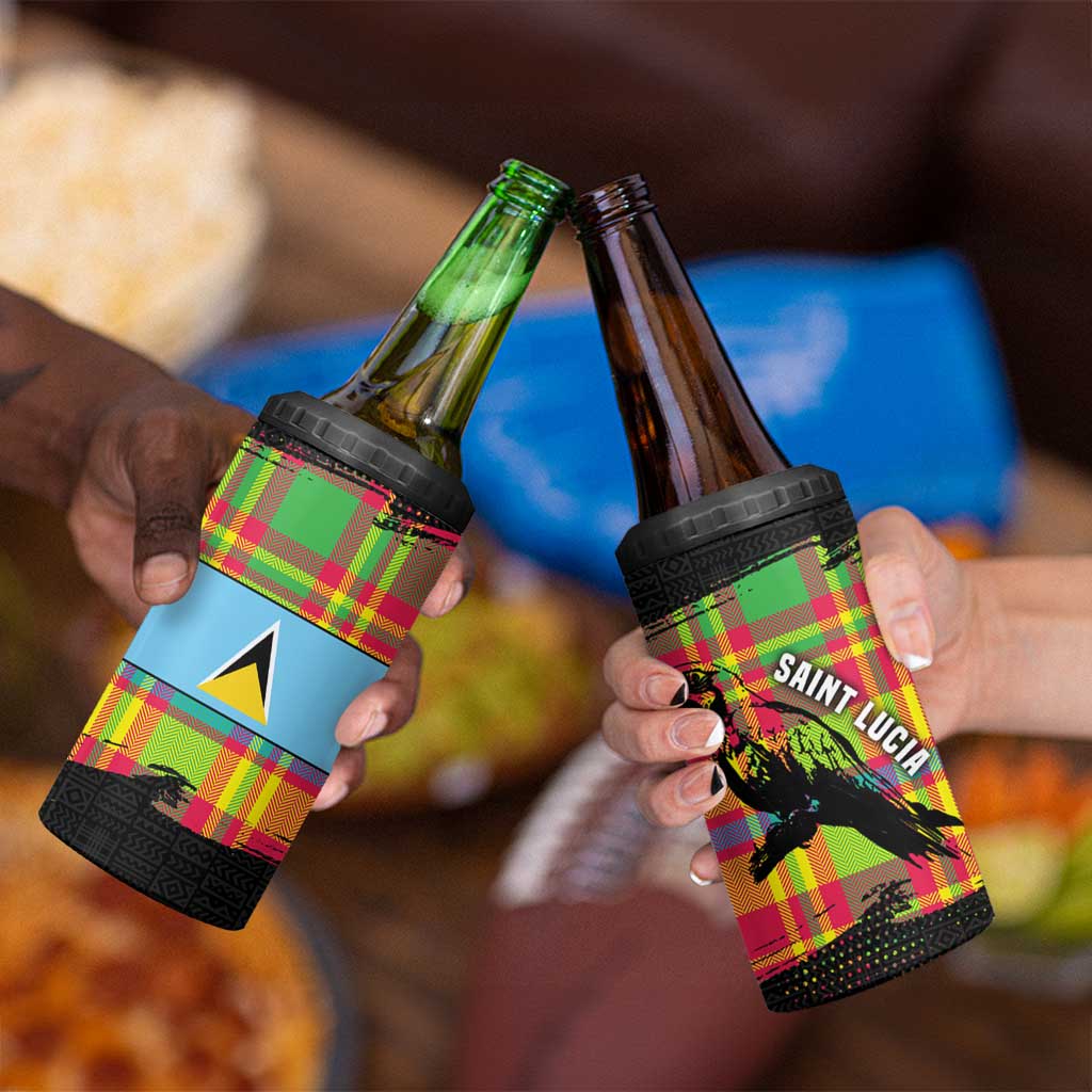 Saint Lucia Parrot 4 in 1 Can Cooler Tumbler with Madras Pattern and Cultural Black Motif Design - Wonder Print Shop