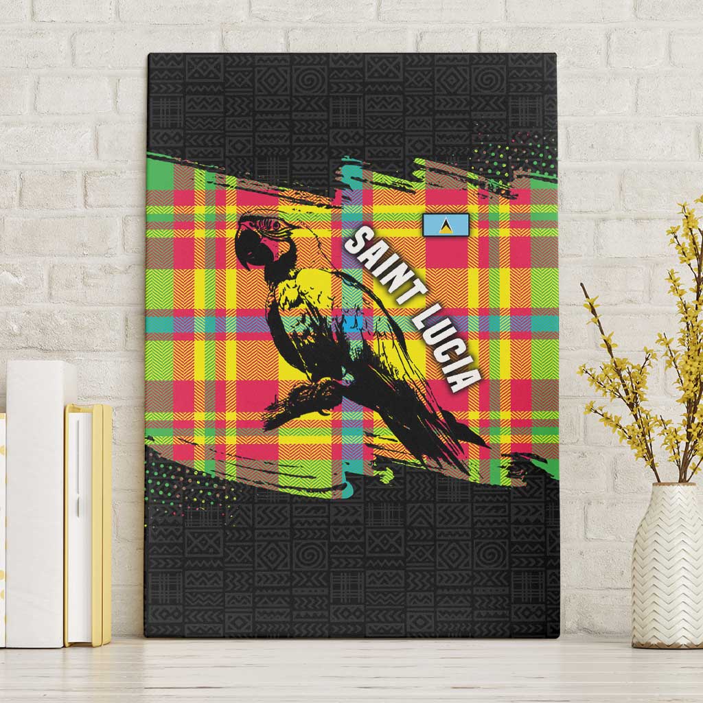 Saint Lucia Parrot Canvas Wall Art with Madras Pattern and Cultural Black Motif Design - Wonder Print Shop