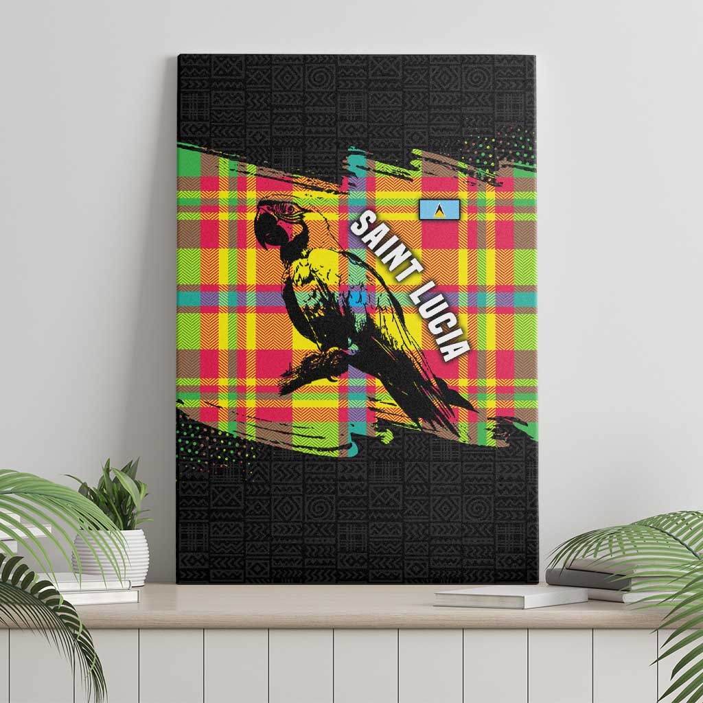 Saint Lucia Parrot Canvas Wall Art with Madras Pattern and Cultural Black Motif Design - Wonder Print Shop