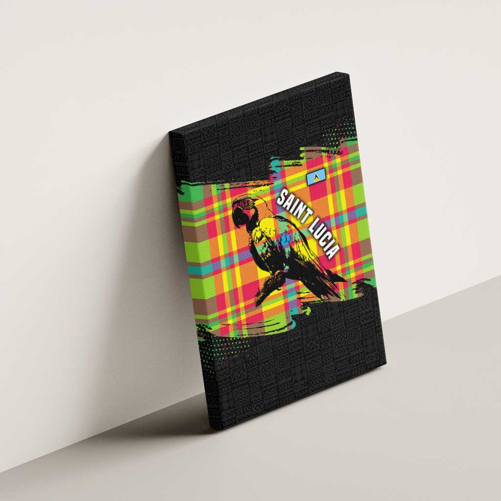 Saint Lucia Parrot Canvas Wall Art with Madras Pattern and Cultural Black Motif Design - Wonder Print Shop