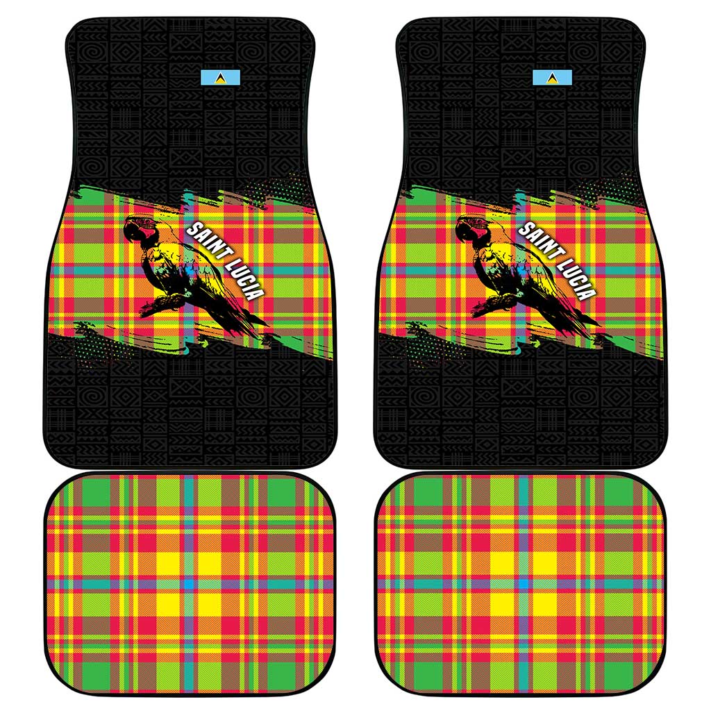Saint Lucia Parrot Car Mats with Madras Pattern and Cultural Black Motif Design - Wonder Print Shop