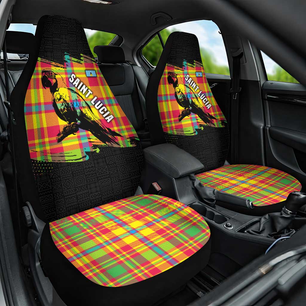 Saint Lucia Parrot Car Seat Cover with Madras Pattern and Cultural Black Motif Design - Wonder Print Shop