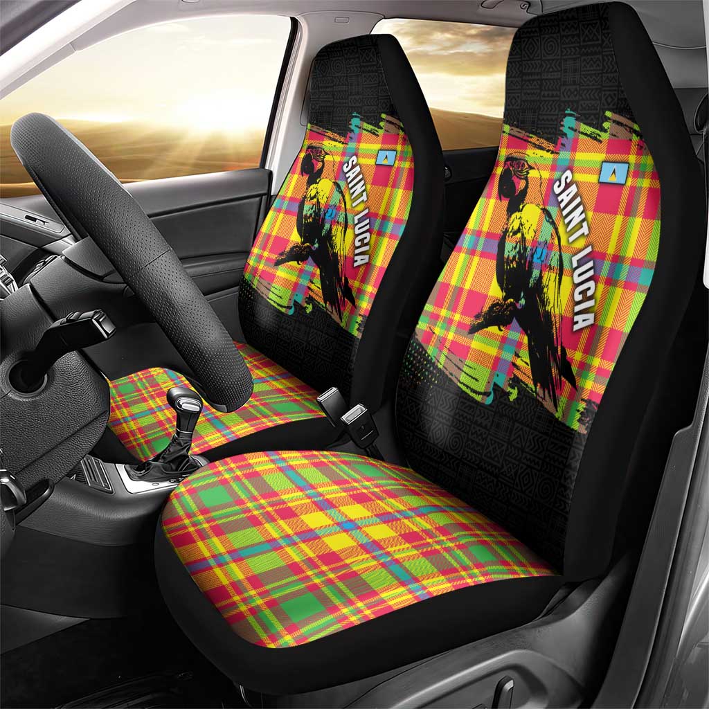 Saint Lucia Parrot Car Seat Cover with Madras Pattern and Cultural Black Motif Design - Wonder Print Shop