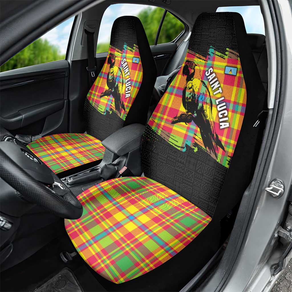 Saint Lucia Parrot Car Seat Cover with Madras Pattern and Cultural Black Motif Design - Wonder Print Shop