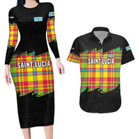 Saint Lucia Parrot Couples Matching Long Sleeve Bodycon Dress and Hawaiian Shirt with Madras Pattern and Cultural Black Motif Design - Wonder Print Shop