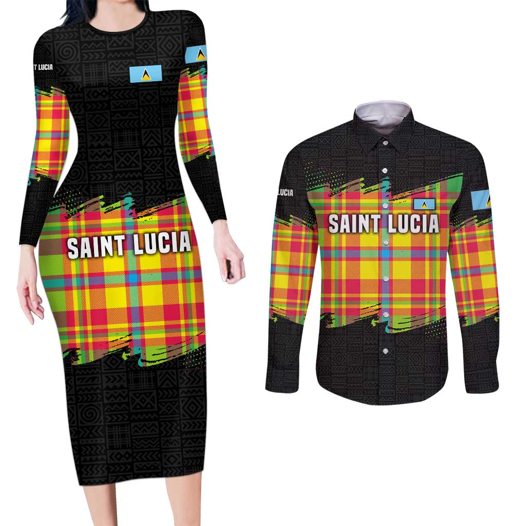 Saint Lucia Parrot Couples Matching Long Sleeve Bodycon Dress and Long Sleeve Button Shirt with Madras Pattern and Cultural Black Motif Design - Wonder Print Shop
