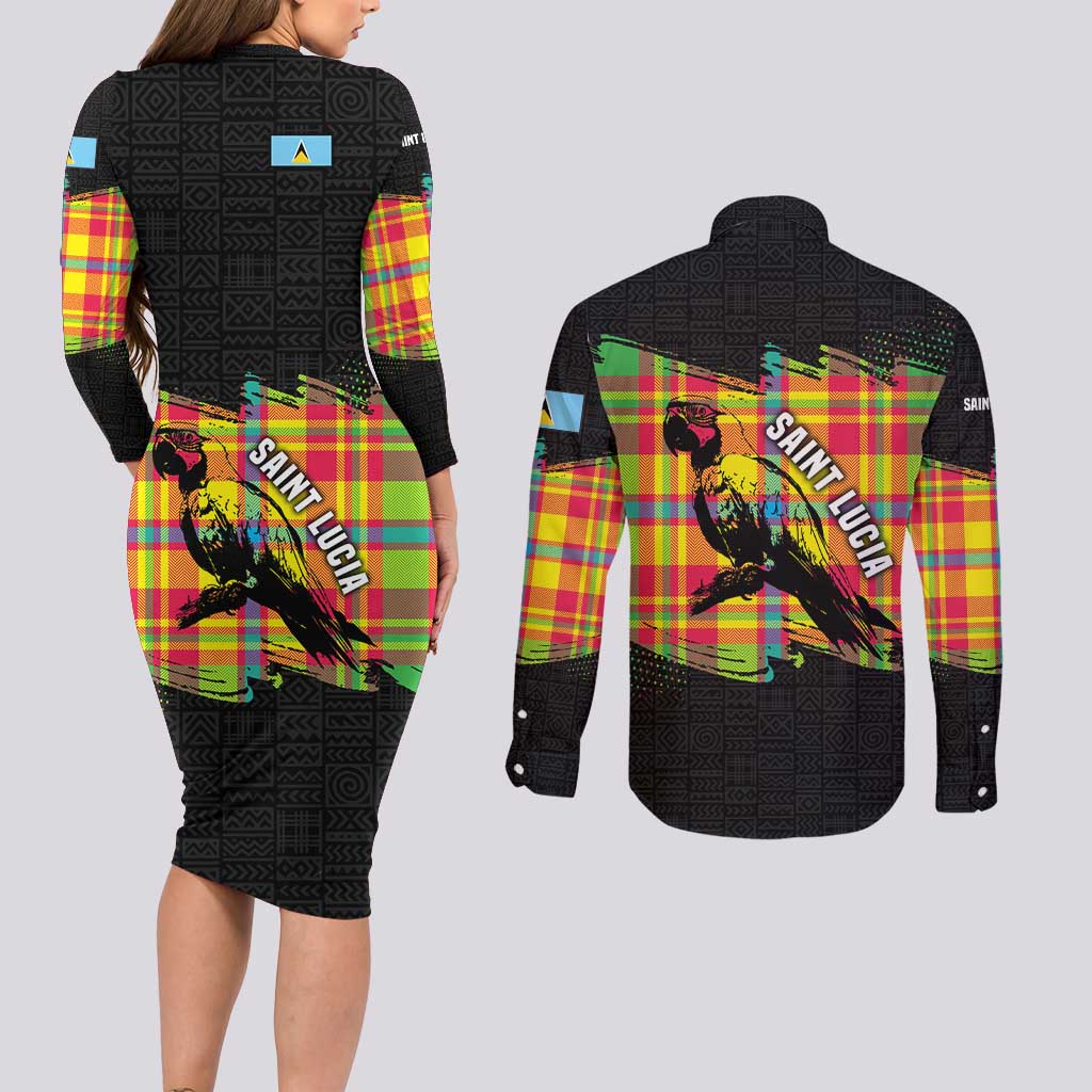 Saint Lucia Parrot Couples Matching Long Sleeve Bodycon Dress and Long Sleeve Button Shirt with Madras Pattern and Cultural Black Motif Design - Wonder Print Shop
