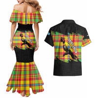 Saint Lucia Parrot Couples Matching Mermaid Dress and Hawaiian Shirt with Madras Pattern and Cultural Black Motif Design - Wonder Print Shop
