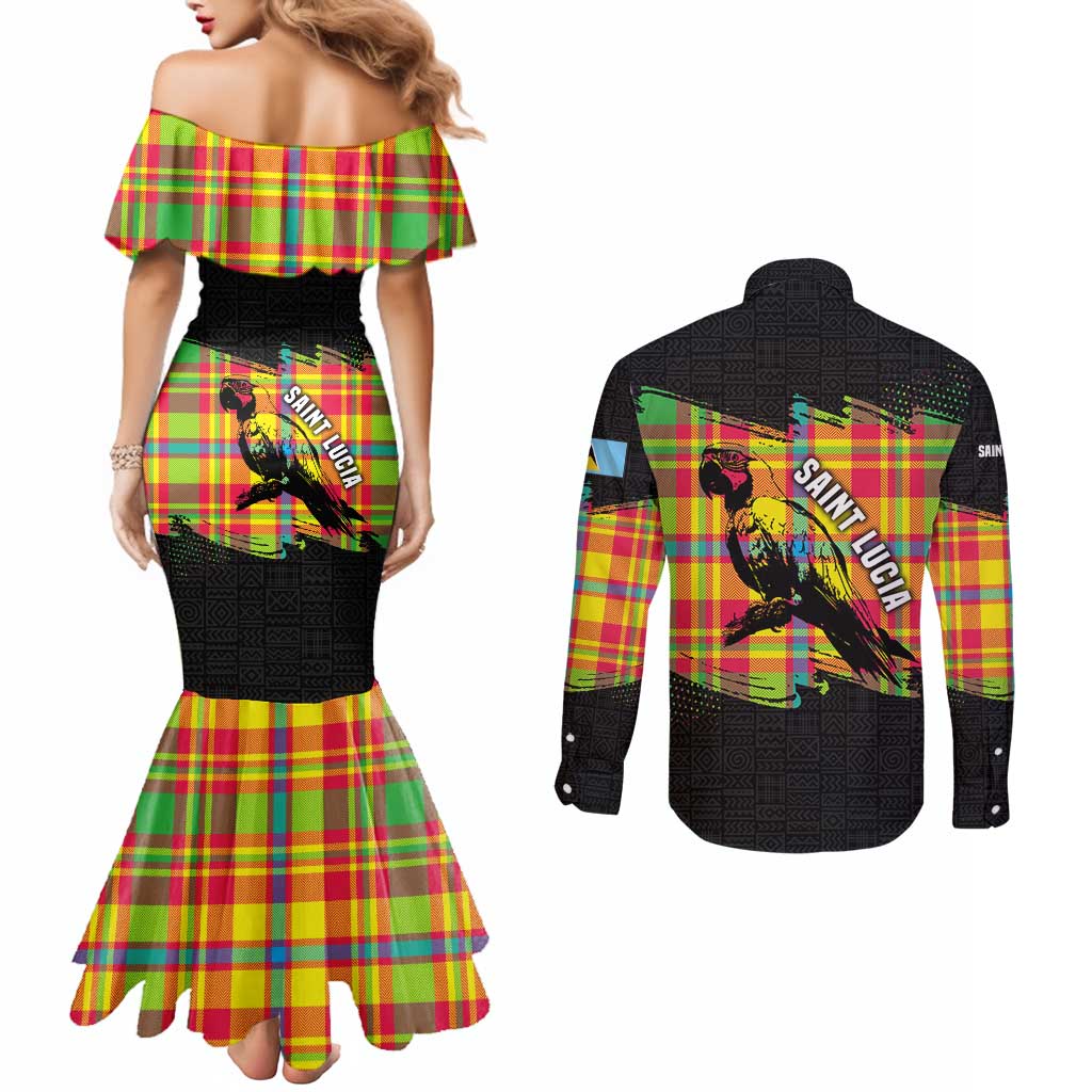 Saint Lucia Parrot Couples Matching Mermaid Dress and Long Sleeve Button Shirt with Madras Pattern and Cultural Black Motif Design - Wonder Print Shop