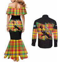 Saint Lucia Parrot Couples Matching Mermaid Dress and Long Sleeve Button Shirt with Madras Pattern and Cultural Black Motif Design - Wonder Print Shop