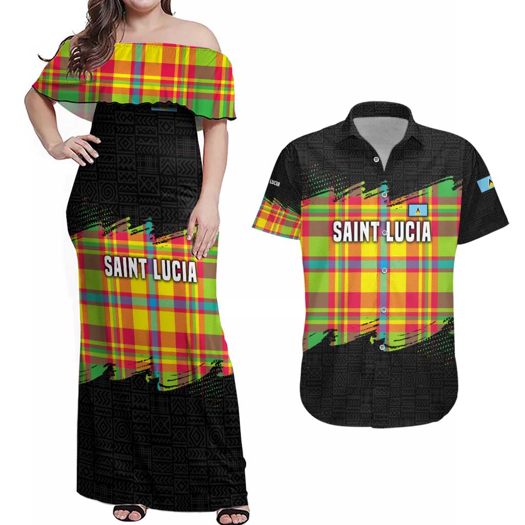 Saint Lucia Parrot Couples Matching Off Shoulder Maxi Dress and Hawaiian Shirt with Madras Pattern and Cultural Black Motif Design - Wonder Print Shop