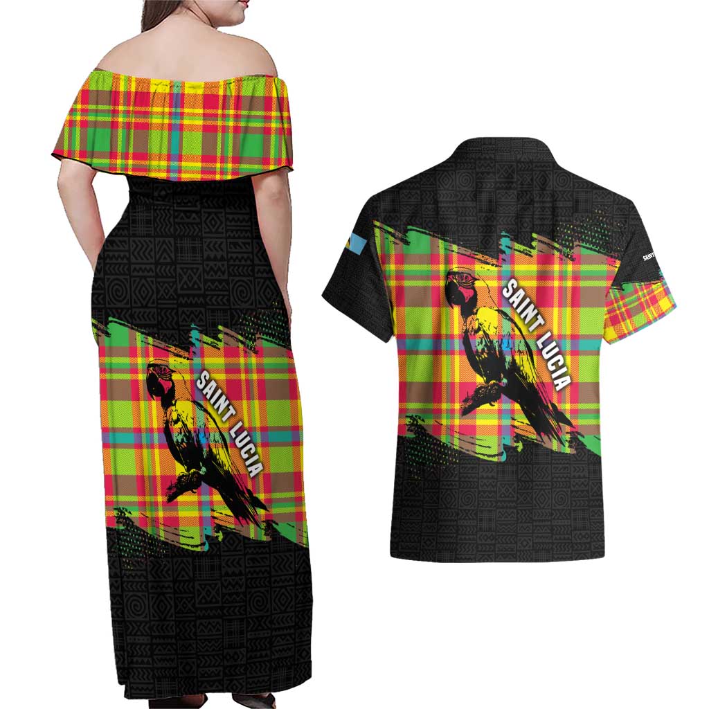 Saint Lucia Parrot Couples Matching Off Shoulder Maxi Dress and Hawaiian Shirt with Madras Pattern and Cultural Black Motif Design - Wonder Print Shop