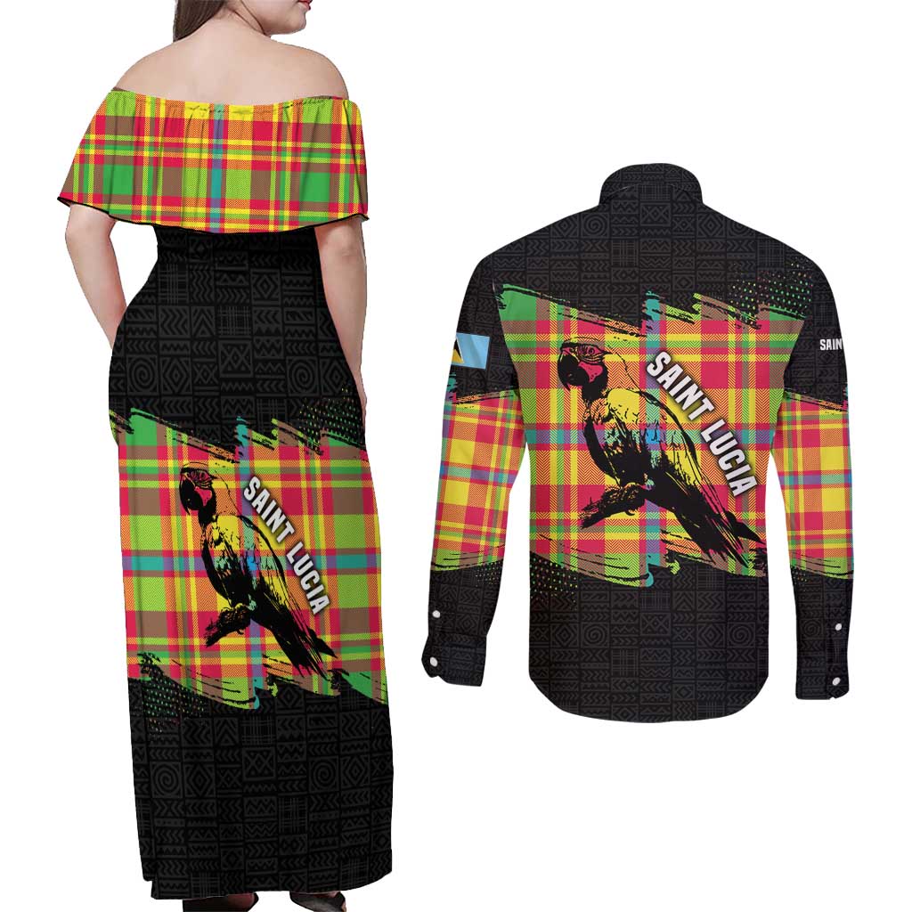 Saint Lucia Parrot Couples Matching Off Shoulder Maxi Dress and Long Sleeve Button Shirt with Madras Pattern and Cultural Black Motif Design - Wonder Print Shop
