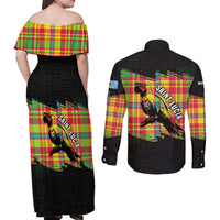 Saint Lucia Parrot Couples Matching Off Shoulder Maxi Dress and Long Sleeve Button Shirt with Madras Pattern and Cultural Black Motif Design - Wonder Print Shop