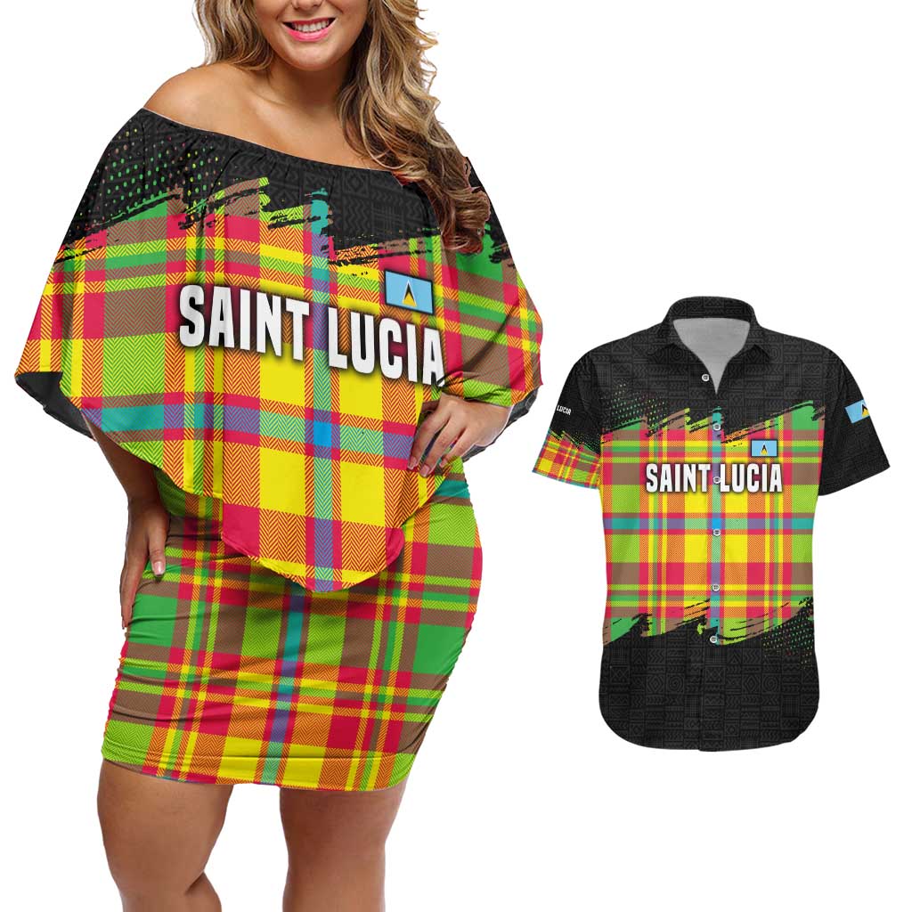 Saint Lucia Parrot Couples Matching Off Shoulder Short Dress and Hawaiian Shirt with Madras Pattern and Cultural Black Motif Design - Wonder Print Shop