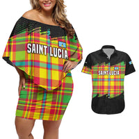 Saint Lucia Parrot Couples Matching Off Shoulder Short Dress and Hawaiian Shirt with Madras Pattern and Cultural Black Motif Design - Wonder Print Shop