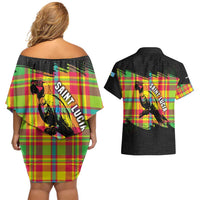 Saint Lucia Parrot Couples Matching Off Shoulder Short Dress and Hawaiian Shirt with Madras Pattern and Cultural Black Motif Design - Wonder Print Shop