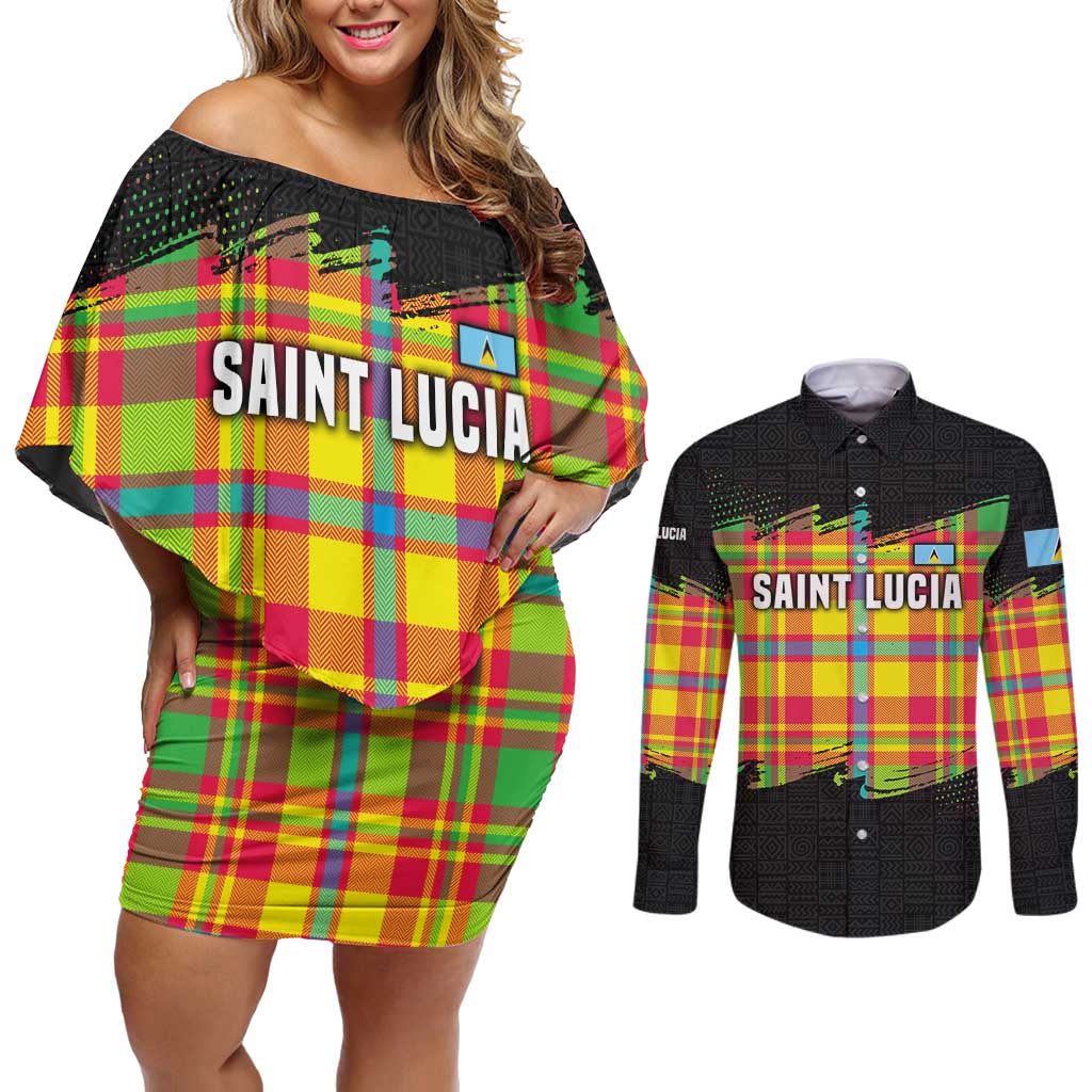 Saint Lucia Parrot Couples Matching Off Shoulder Short Dress and Long Sleeve Button Shirt with Madras Pattern and Cultural Black Motif Design - Wonder Print Shop