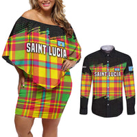 Saint Lucia Parrot Couples Matching Off Shoulder Short Dress and Long Sleeve Button Shirt with Madras Pattern and Cultural Black Motif Design - Wonder Print Shop