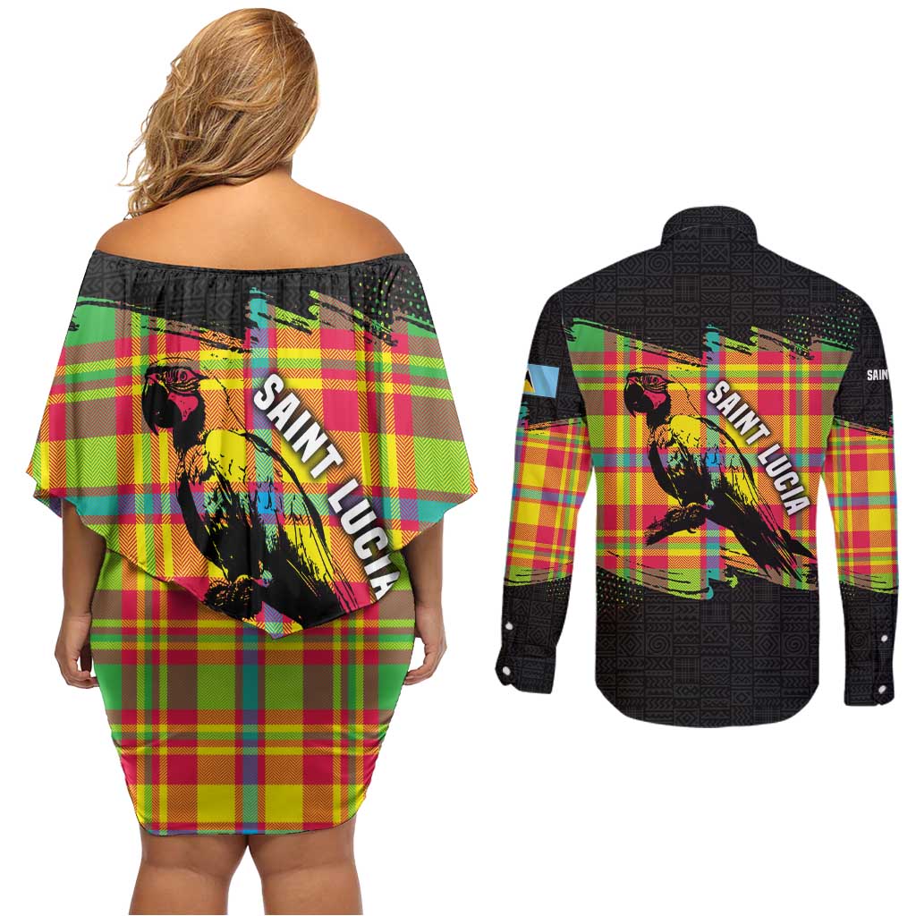 Saint Lucia Parrot Couples Matching Off Shoulder Short Dress and Long Sleeve Button Shirt with Madras Pattern and Cultural Black Motif Design - Wonder Print Shop