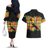 Saint Lucia Parrot Couples Matching Off The Shoulder Long Sleeve Dress and Hawaiian Shirt with Madras Pattern and Cultural Black Motif Design - Wonder Print Shop