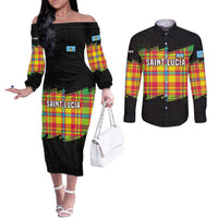 Saint Lucia Parrot Couples Matching Off The Shoulder Long Sleeve Dress and Long Sleeve Button Shirt with Madras Pattern and Cultural Black Motif Design - Wonder Print Shop