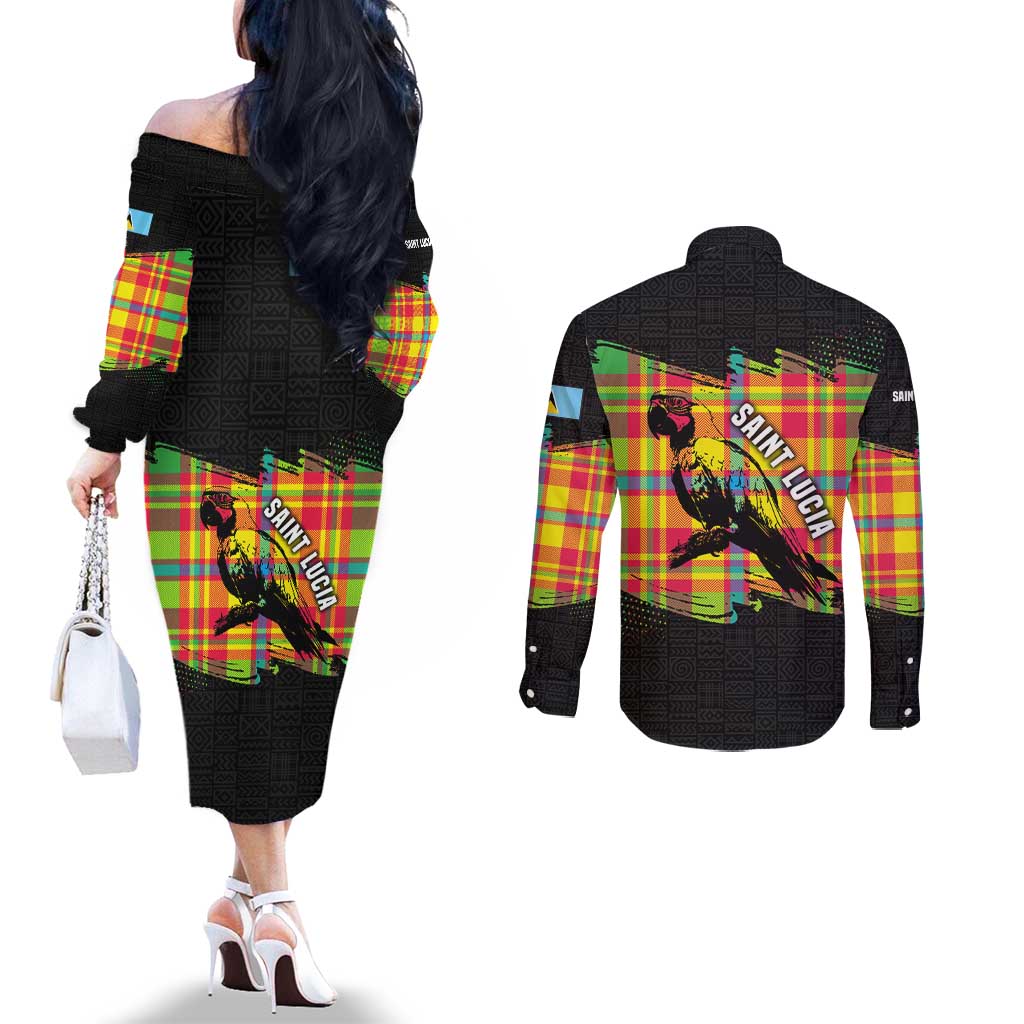 Saint Lucia Parrot Couples Matching Off The Shoulder Long Sleeve Dress and Long Sleeve Button Shirt with Madras Pattern and Cultural Black Motif Design - Wonder Print Shop