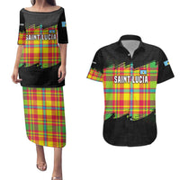 Saint Lucia Parrot Couples Matching Puletasi and Hawaiian Shirt with Madras Pattern and Cultural Black Motif Design - Wonder Print Shop