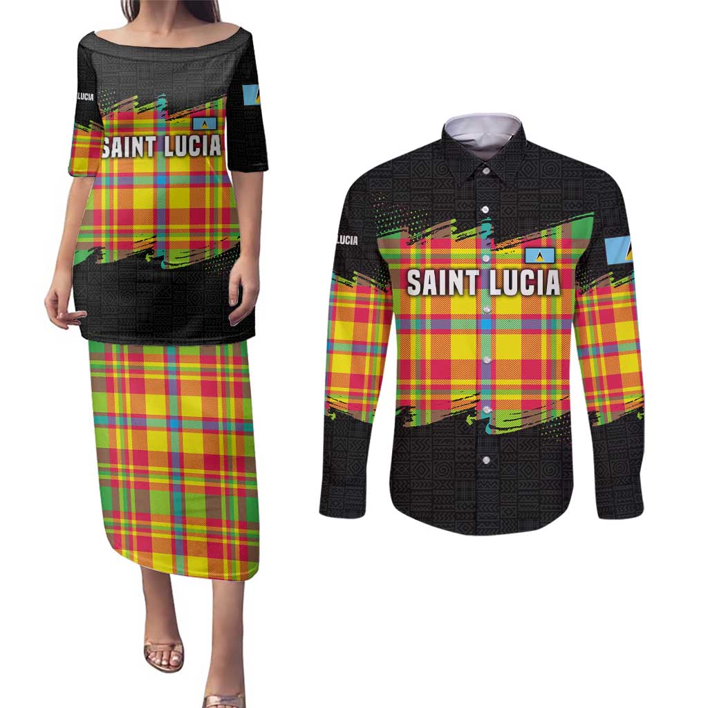Saint Lucia Parrot Couples Matching Puletasi and Long Sleeve Button Shirt with Madras Pattern and Cultural Black Motif Design - Wonder Print Shop