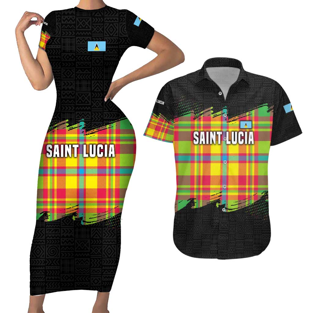 Saint Lucia Parrot Couples Matching Short Sleeve Bodycon Dress and Hawaiian Shirt with Madras Pattern and Cultural Black Motif Design - Wonder Print Shop