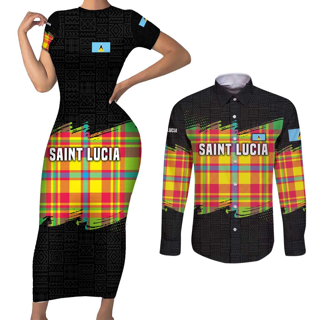 Saint Lucia Parrot Couples Matching Short Sleeve Bodycon Dress and Long Sleeve Button Shirt with Madras Pattern and Cultural Black Motif Design - Wonder Print Shop