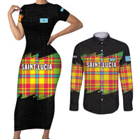 Saint Lucia Parrot Couples Matching Short Sleeve Bodycon Dress and Long Sleeve Button Shirt with Madras Pattern and Cultural Black Motif Design - Wonder Print Shop