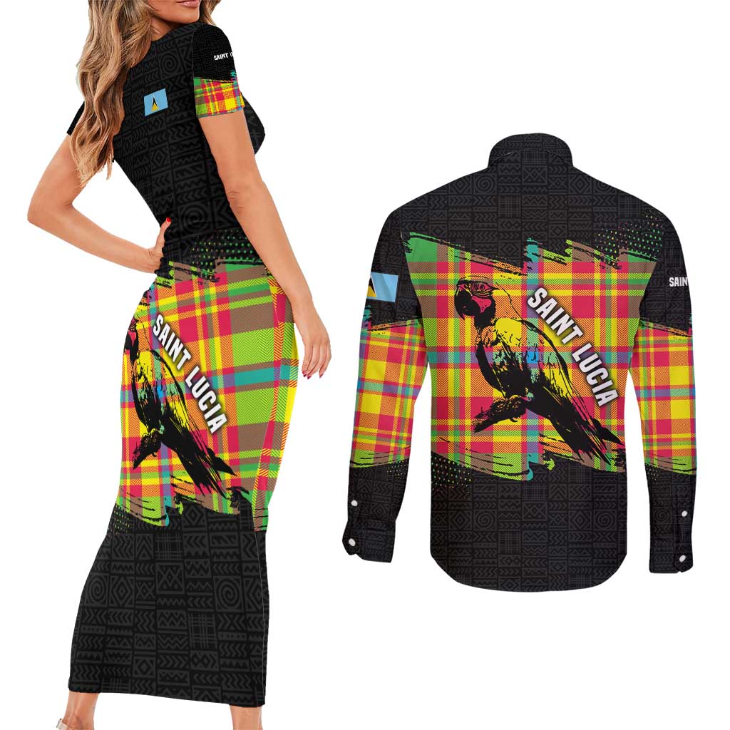 Saint Lucia Parrot Couples Matching Short Sleeve Bodycon Dress and Long Sleeve Button Shirt with Madras Pattern and Cultural Black Motif Design - Wonder Print Shop