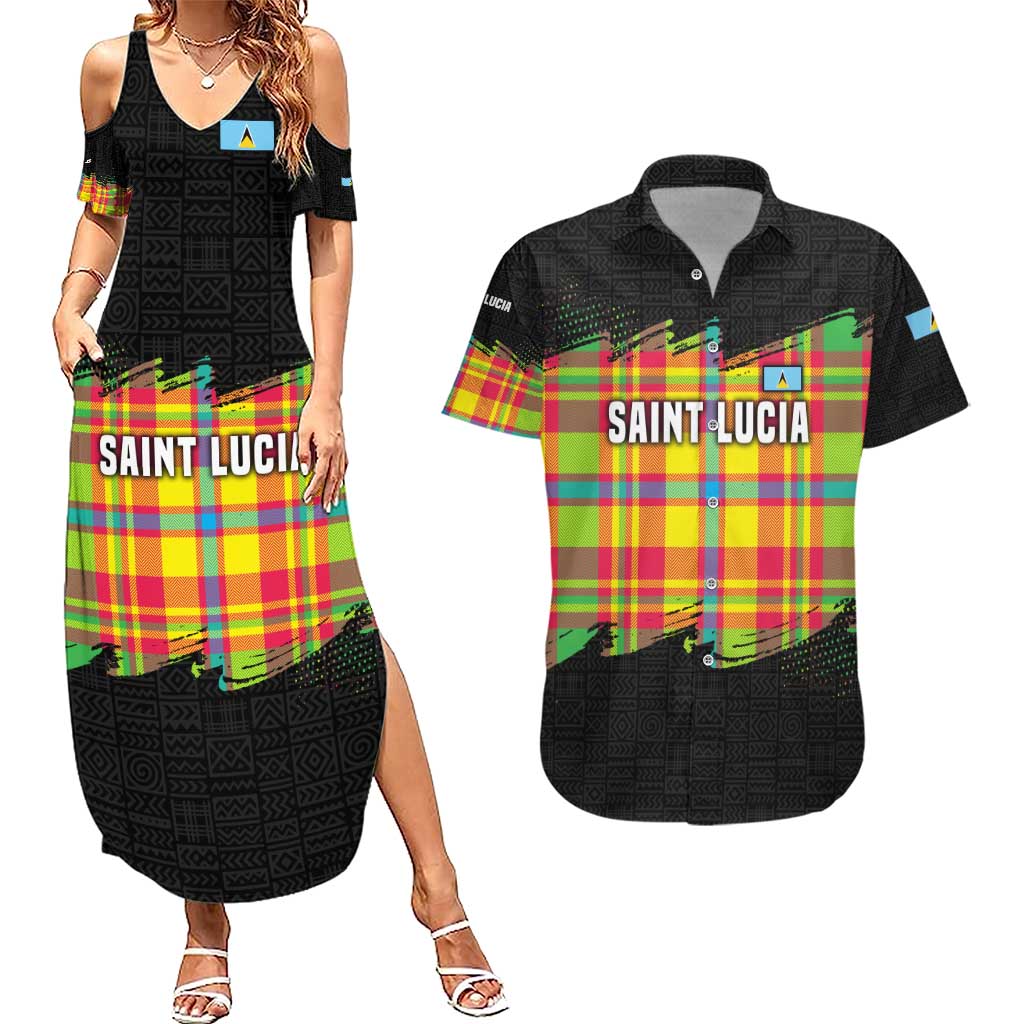 Saint Lucia Parrot Couples Matching Summer Maxi Dress and Hawaiian Shirt with Madras Pattern and Cultural Black Motif Design - Wonder Print Shop