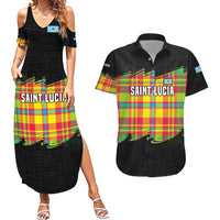 Saint Lucia Parrot Couples Matching Summer Maxi Dress and Hawaiian Shirt with Madras Pattern and Cultural Black Motif Design - Wonder Print Shop