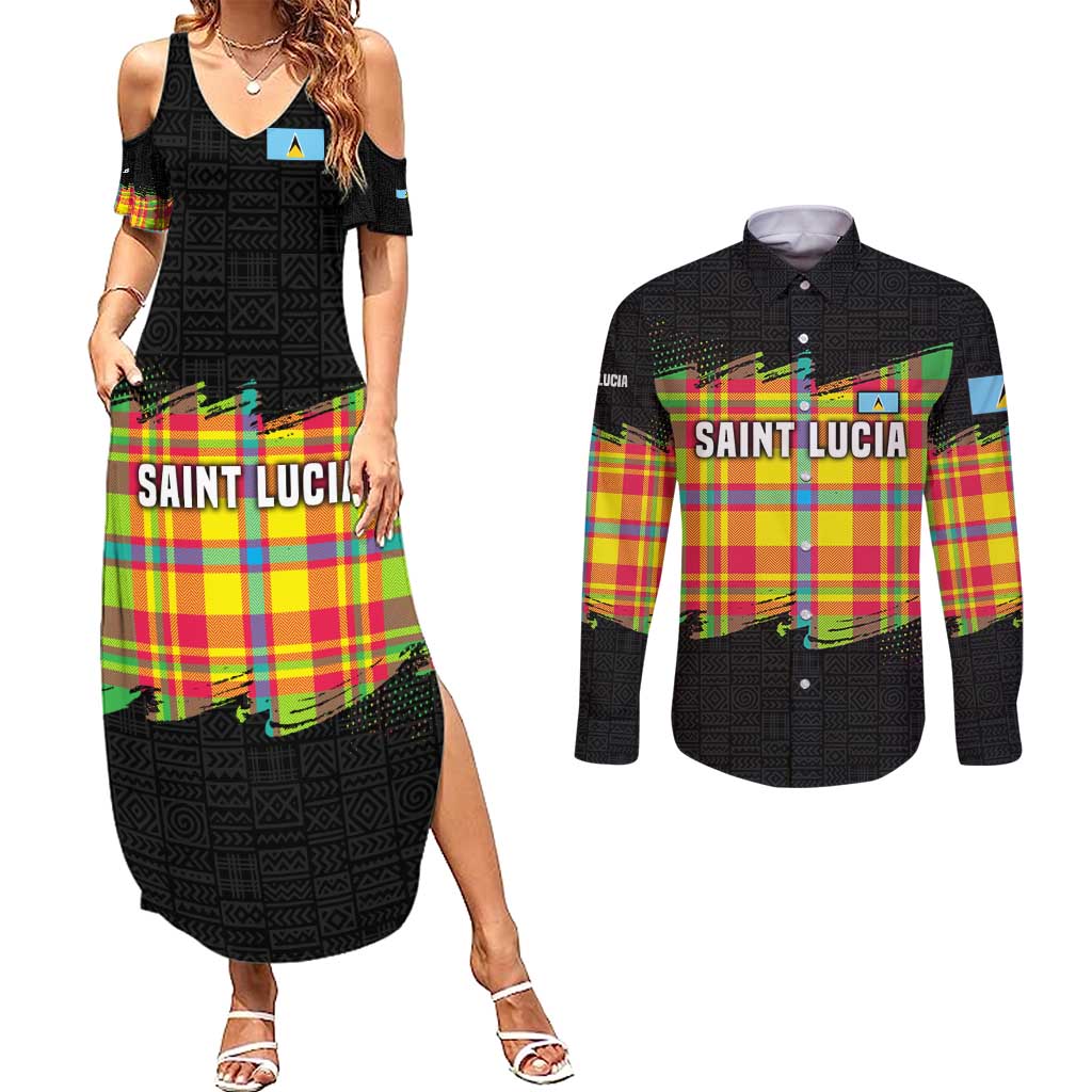 Saint Lucia Parrot Couples Matching Summer Maxi Dress and Long Sleeve Button Shirt with Madras Pattern and Cultural Black Motif Design - Wonder Print Shop