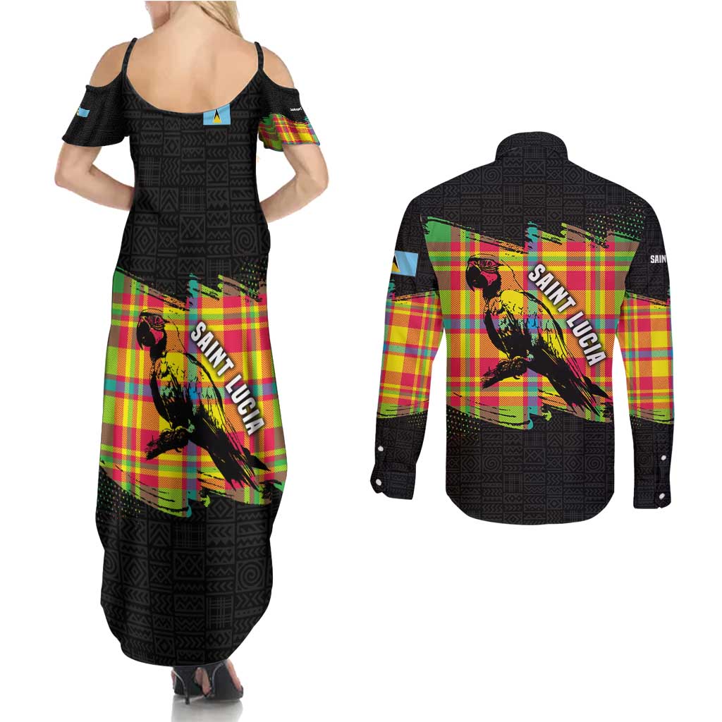 Saint Lucia Parrot Couples Matching Summer Maxi Dress and Long Sleeve Button Shirt with Madras Pattern and Cultural Black Motif Design - Wonder Print Shop