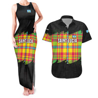 Saint Lucia Parrot Couples Matching Tank Maxi Dress and Hawaiian Shirt with Madras Pattern and Cultural Black Motif Design - Wonder Print Shop