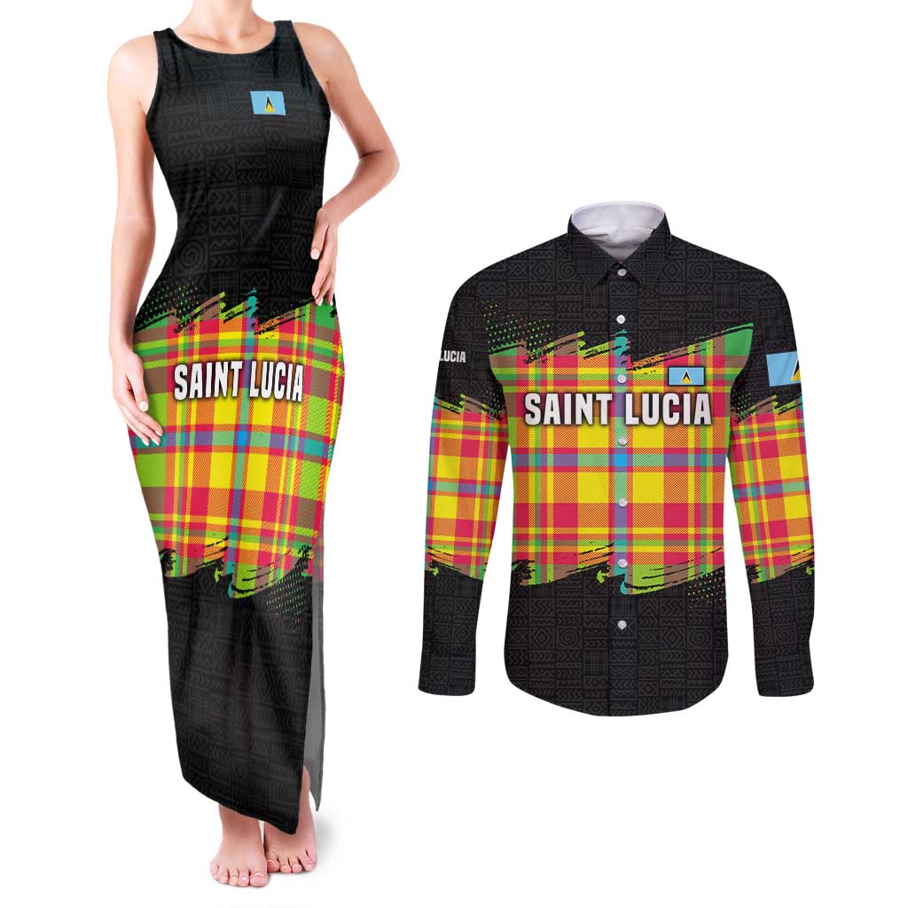Saint Lucia Parrot Couples Matching Tank Maxi Dress and Long Sleeve Button Shirt with Madras Pattern and Cultural Black Motif Design - Wonder Print Shop