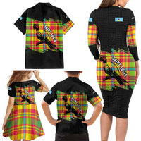 Saint Lucia Parrot Family Matching Long Sleeve Bodycon Dress and Hawaiian Shirt with Madras Pattern and Cultural Black Motif Design - Wonder Print Shop