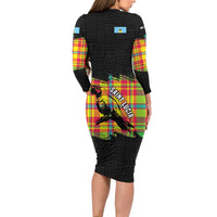 Saint Lucia Parrot Family Matching Long Sleeve Bodycon Dress and Hawaiian Shirt with Madras Pattern and Cultural Black Motif Design - Wonder Print Shop