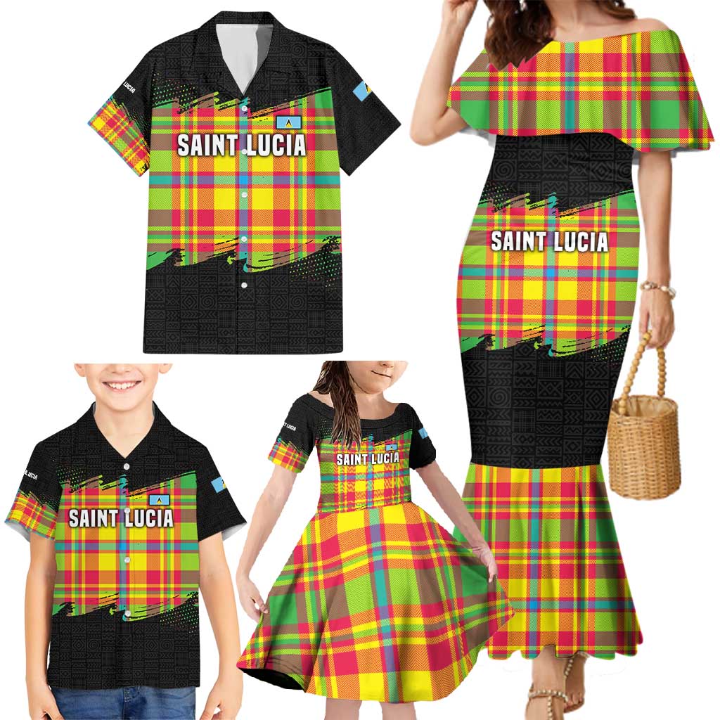 Saint Lucia Parrot Family Matching Mermaid Dress and Hawaiian Shirt with Madras Pattern and Cultural Black Motif Design - Wonder Print Shop